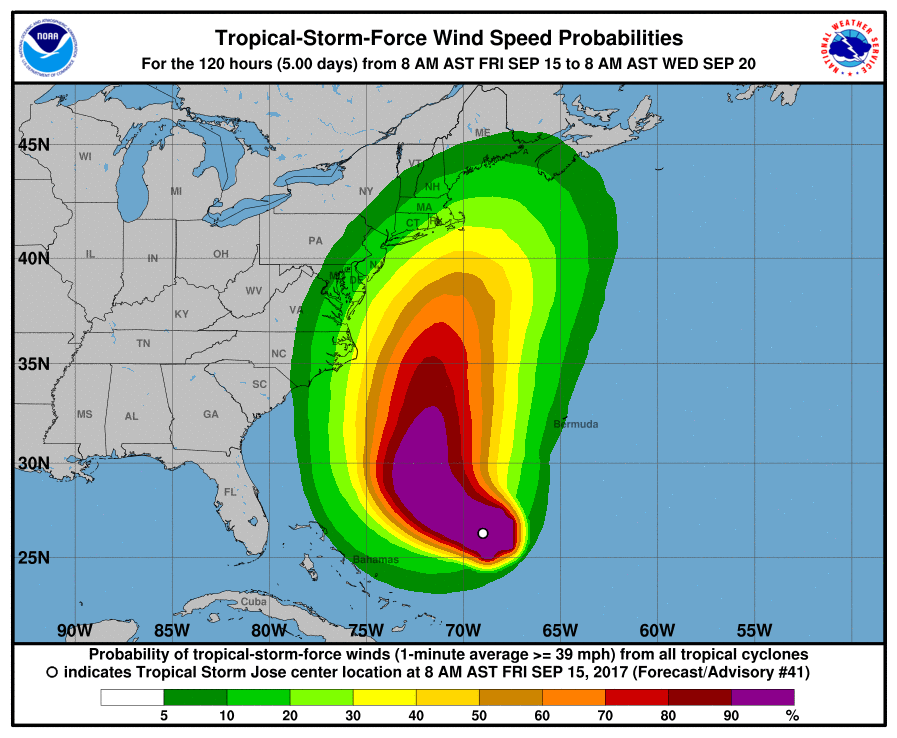 Current predicted probability of tropical-storm-force winds from Tropical Storm Jose.